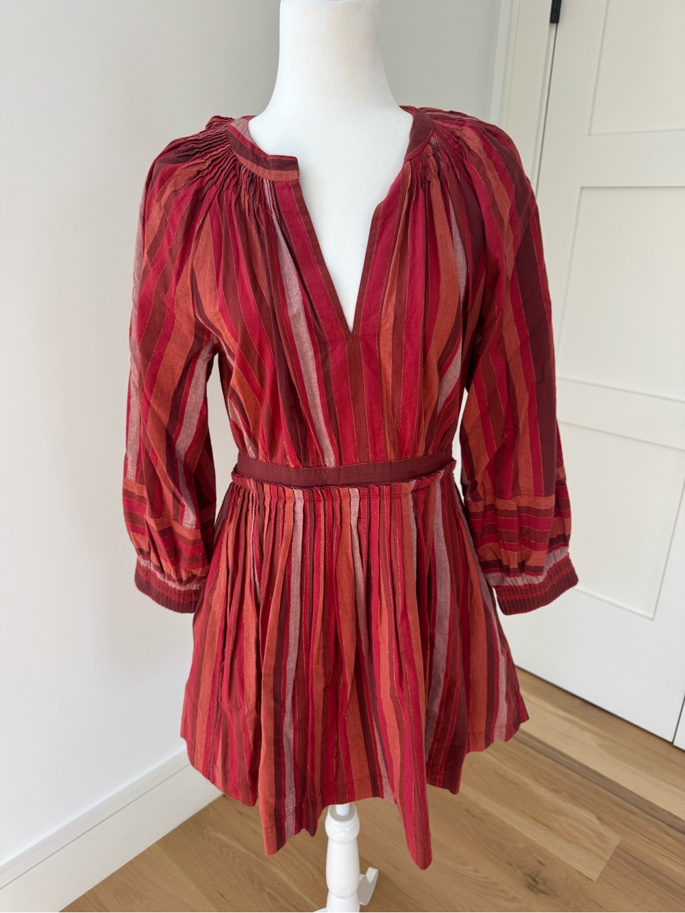 Ulla Johnson Red Multi-Striped V-Neck Tunic